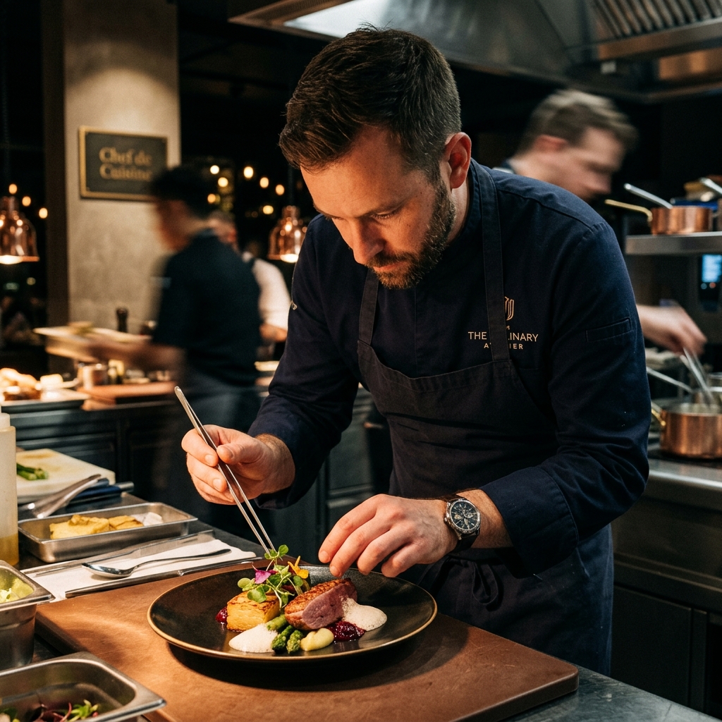 Chef plating gourmet dish